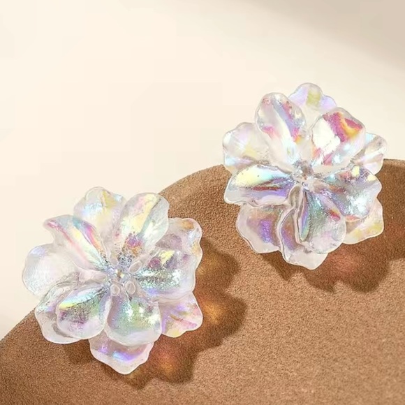 Camellia Iridescent Flower Resin Stud Boho, Holiday Crystal Luxury Earrings - Picture 3 of 10
